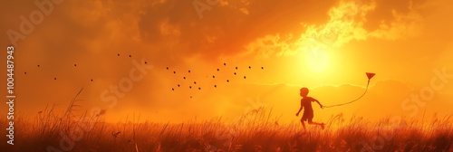 Child flying kite in golden sunset field for joy and recreation, capturing freedom and outdoor spirit, perfect for poster, blog, or children’s book
