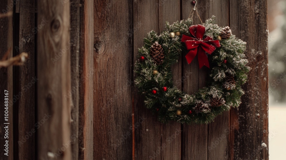 Christmas Wreath on a Rustic Wooden Door Christmas Wreath on a Rustic Wooden Door
