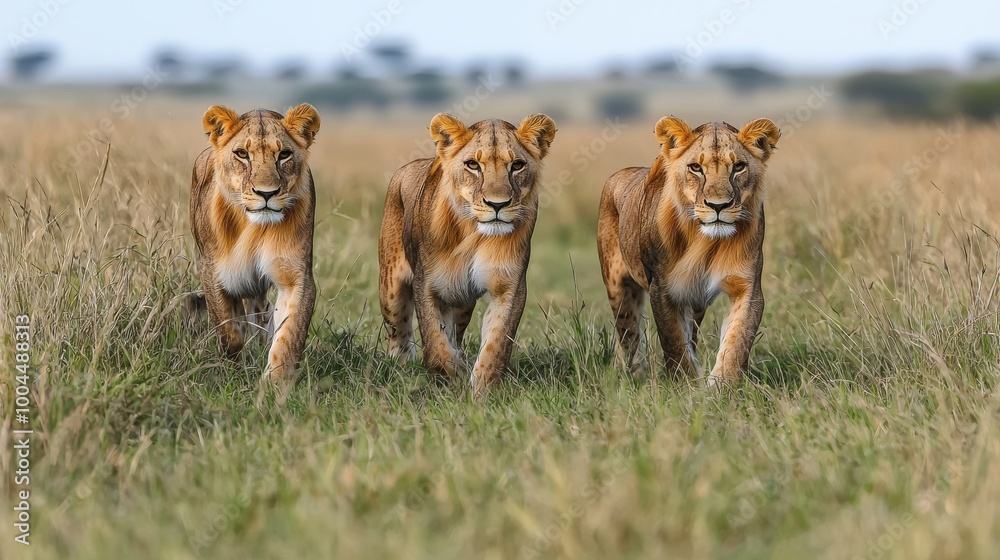 Three lions walking confidently through the tall grass in the African savanna during golden hour