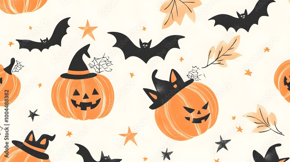 A playful Halloween pattern of pumpkins with tiny hats, cats curled up in leaves, and bats trailing tiny stars in pastel orange on a cream background with soft brush strokes A playful Halloween pattern of pumpkins with tiny hats, cats curled up in leaves, and bats trailing tiny stars in pastel orange on a cream background with soft brush strokes
