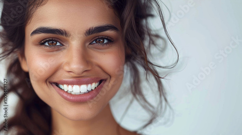 Close up photo portrait of a beautiful young asian indian model woman with clean teeth. Used for a dental ad. Isolated on light background