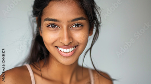 Close up photo portrait of a beautiful young asian indian model woman with clean teeth. Used for a dental ad. Isolated on light background