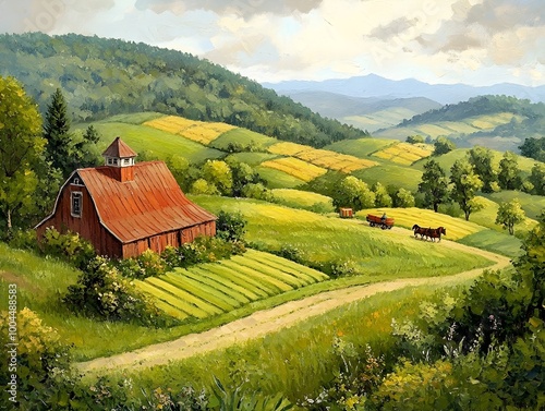 Idyllic countryside landscape with a charming red roofed barn a patchwork of lush green fields undulating hills and a horse drawn cart in the distance photo