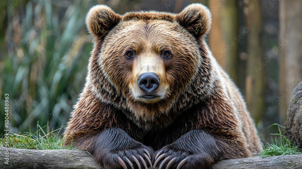 A close-up view of a resting brown bear in a natural habitat during the day near lush greenery A close-up view of a resting brown bear in a natural habitat during the day near lush greenery