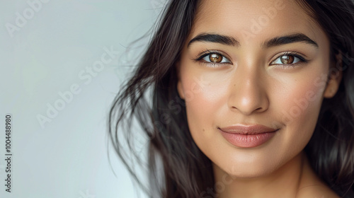 Close up photo portrait of a beautiful young asian indian model woman with clean teeth. Used for a dental ad. Isolated on light background