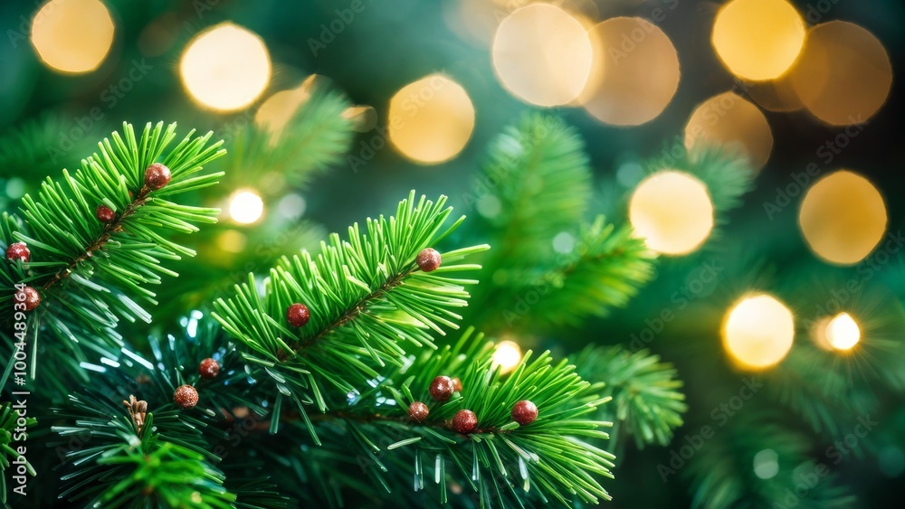 Green pine branches with twinkling lights, creating a charming and magical Christmas atmosphere. Green pine branches with twinkling lights, creating a charming and magical Christmas atmosphere.