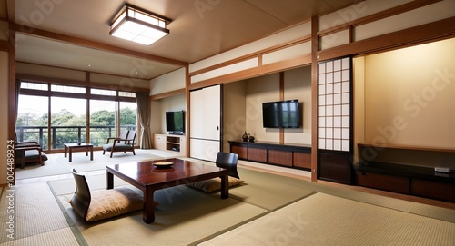Open minimalist Japanese room with tatami mat flooring