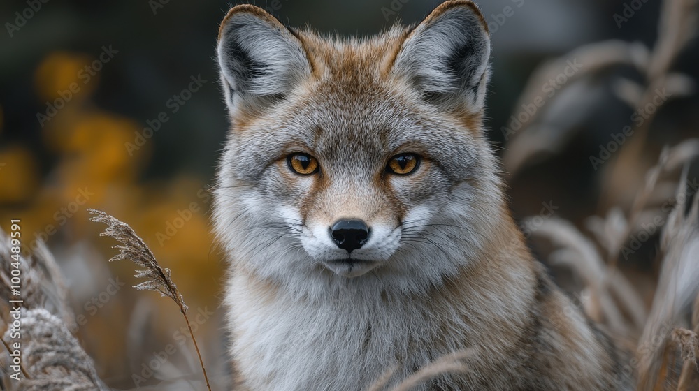 Fototapeta premium A close-up of a wild fox in its natural habitat during the autumn season showcasing its distinctive fur and keen gaze