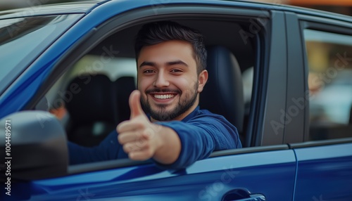 Happy Man In Sporty Blue Car Showing Thumbs Up Through Side Window In Parking Lot, Excited About New Vehicle