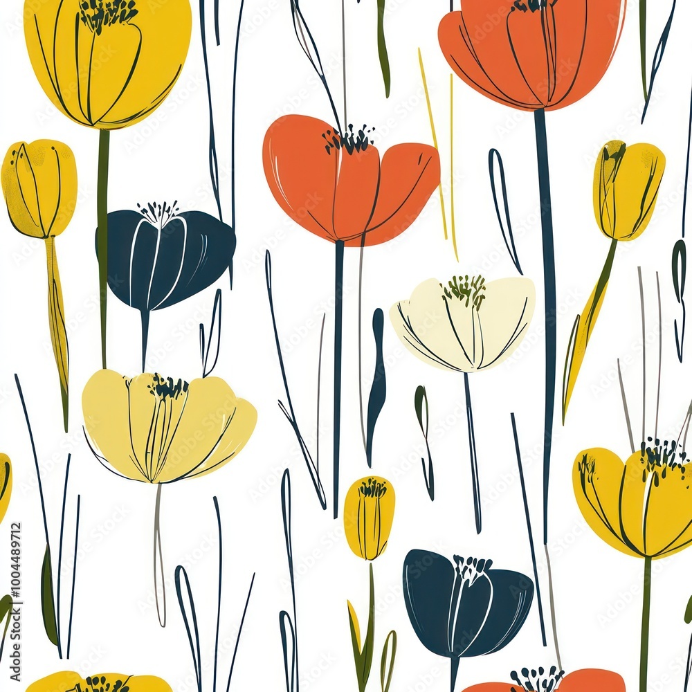 Fototapeta premium seamless floral pattern, modern and minimalist seamless pattern with stylized spring flowersseamless floral pattern, modern and minimalist seamless pattern with stylized spring flowers