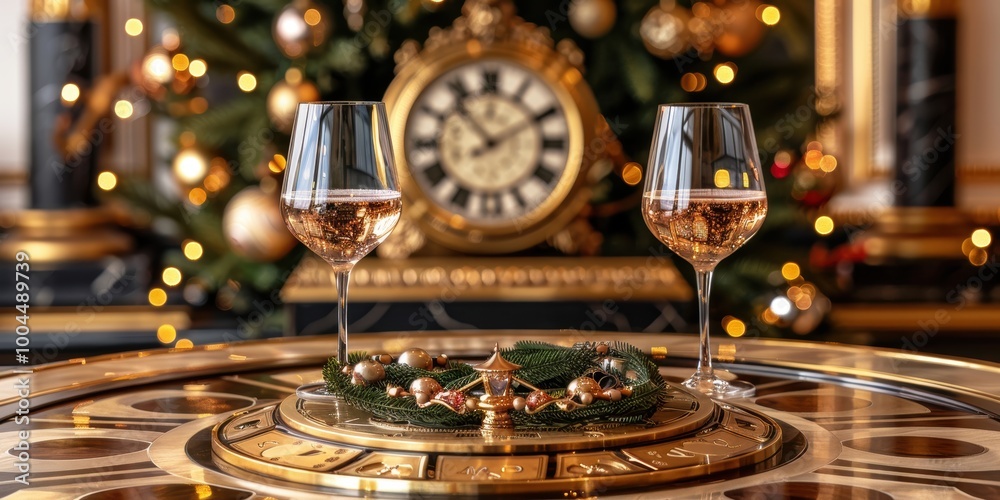 Beautifully decorated holiday scene featuring two wine glasses full of sparkling champagne set against a festive background with a Christmas tree and a classic clock Beautifully decorated holiday scene featuring two wine glasses full of sparkling champagne set against a festive background with a Christmas tree and a classic clock