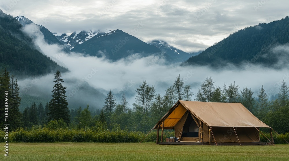 Fototapeta premium A large brown tent sits on a grassy field, surrounded by trees and mountains. Fog and clouds fill the sky behind it.
