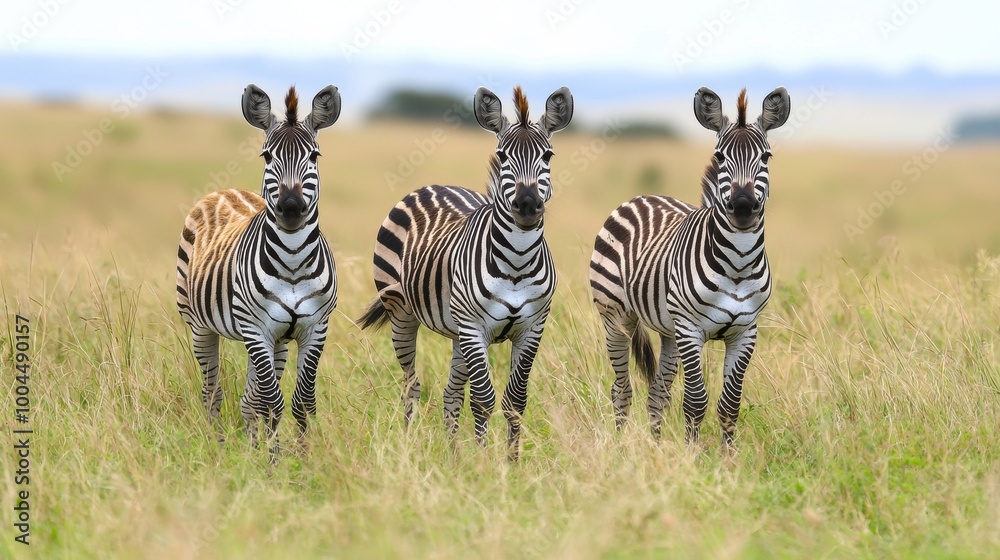 A group of three zebras standing together on a grassy plain in the African savanna during midday light A group of three zebras standing together on a grassy plain in the African savanna during midday light