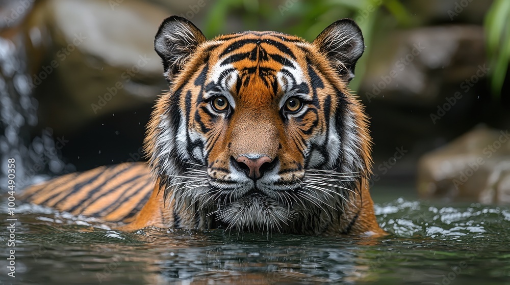 A majestic tiger swimming in a serene water pool surrounded by lush greenery during a calm afternoon A majestic tiger swimming in a serene water pool surrounded by lush greenery during a calm afternoon