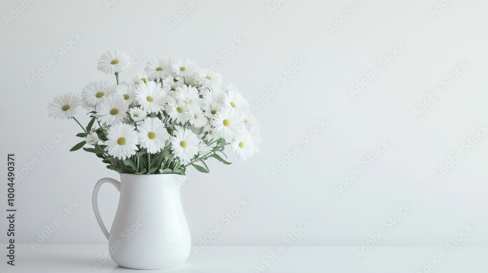 Fototapeta premium A lovely bunch of white asters sits in a white pitcher against a plain white wall.