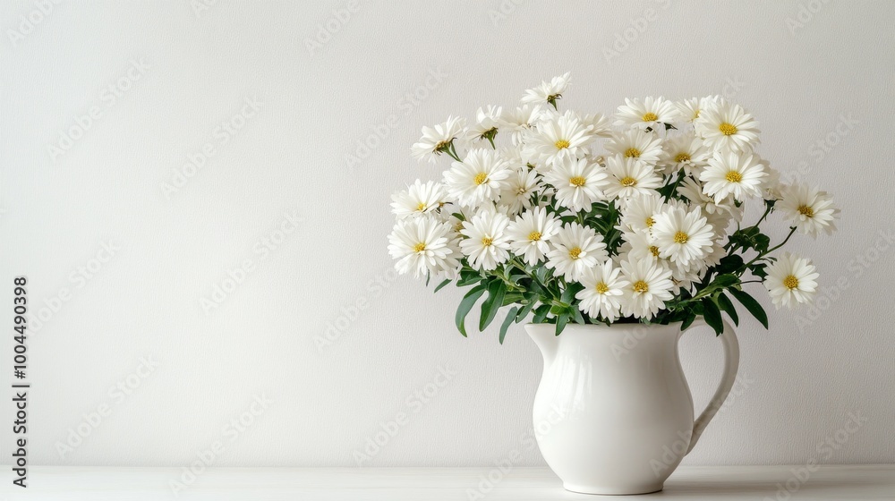 A lovely bunch of white asters sits in a white pitcher against a plain white wall. A lovely bunch of white asters sits in a white pitcher against a plain white wall.