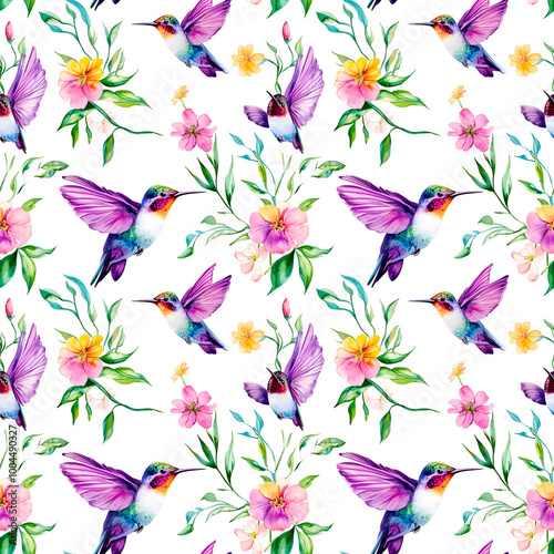 The dance of nature captured in a seamless pattern, where gentle hummingbirds flutter among blooming flowers, creating a canvas of life in perpetual motion.