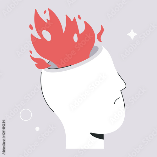 Tired and burnout concept, feels negative emotions, stress and anxiety. Burning mind, annoyed person with mental health problems, nervous breakdown, flat vector graphic illustration on grey background