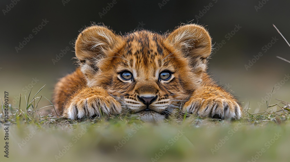 Obraz premium A young lion cub resting on the grass, showcasing its striking blue eyes and playful demeanor in a serene natural habitat