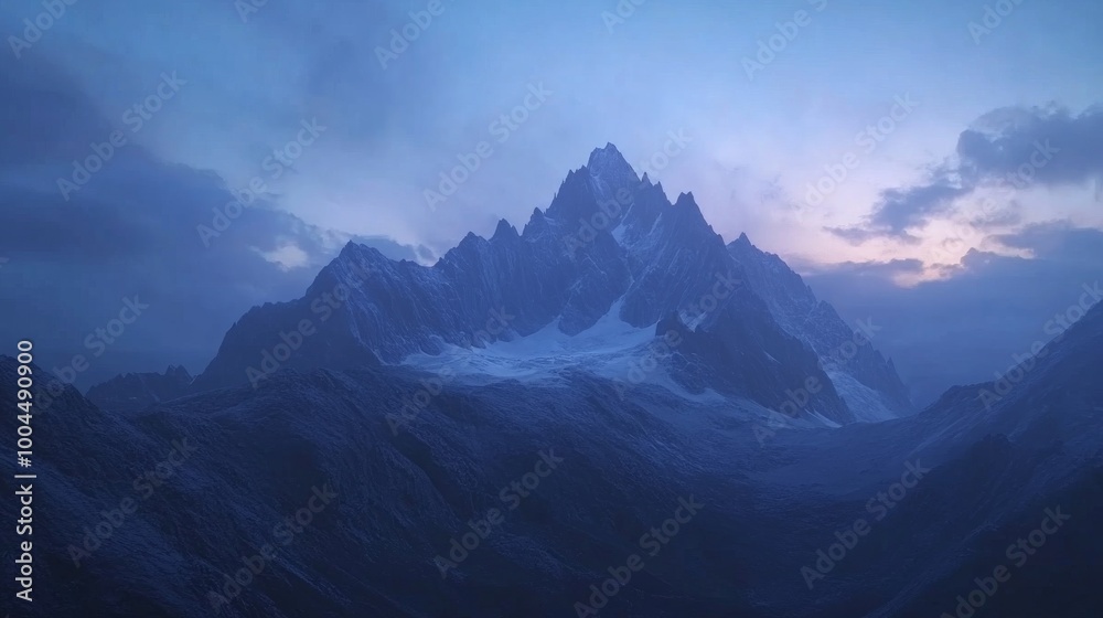 A majestic, dark blue-gray mountain rises against the twilight sky. Its rocky slopes and peaks stand out against the fading light. This 3D rendering captures the beauty of a mountainous landscape. A majestic, dark blue-gray mountain rises against the twilight sky. Its rocky slopes and peaks stand out against the fading light. This 3D rendering captures the beauty of a mountainous landscape.