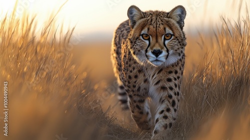 A solitary cheetah strolls gracefully through golden grasslands at sunset in the African savannah showcasing its elegance and power