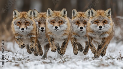 A group of five foxes swiftly running through the snowy forest in winter, showcasing their playful spirit and agility