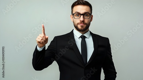 Businessman wear classic formal black suit shirt tie work in office point index finger aside on area isolated on plain grey background studio portrait. Copy space at his hand for promotion and advert photo