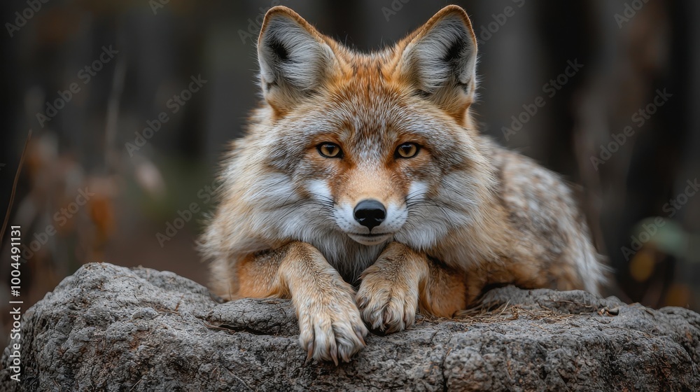 Fototapeta premium A coyote rests on a rock in a forest, showcasing its striking features and alert expression during a calm autumn afternoon