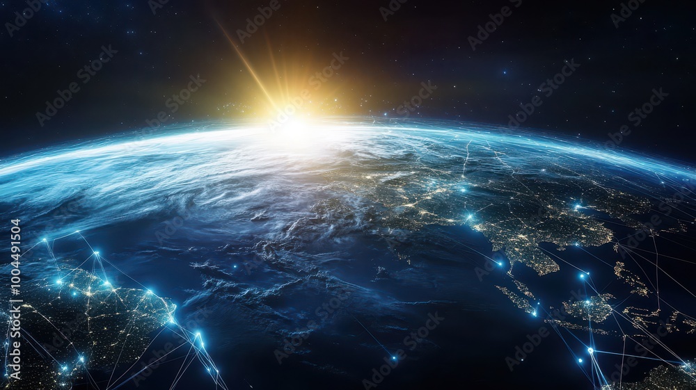 A digital Earth with bright light pathways, symbolizing international technological connections, copy space A digital Earth with bright light pathways, symbolizing international technological connections, copy space