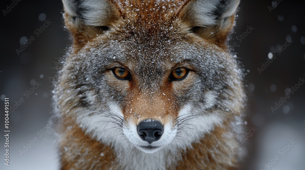 Fototapeta premium A close-up view of a coyote in a snowy landscape showcasing its intense gaze during a winter day