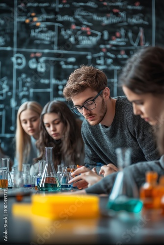 Students conducting a chemistry experiment in a classroom setting, showcasing teamwork and scientific inquiry for educational purposes