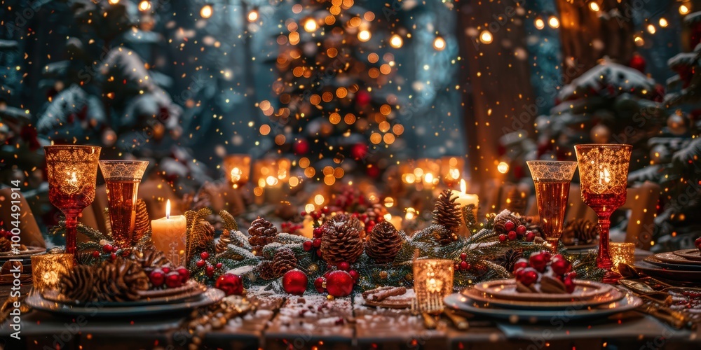 A beautifully decorated festive holiday dinner table in a cozy, wintery forest setting, adorned with elegant candles, pinecones, and vibrant red berries A beautifully decorated festive holiday dinner table in a cozy, wintery forest setting, adorned with elegant candles, pinecones, and vibrant red berries