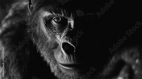 A photo shows a gorilla, black and white, in a close-up view. photo