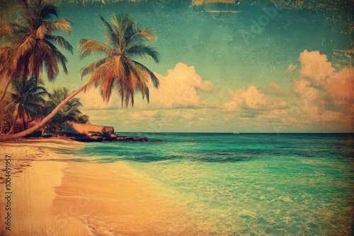 Vintage Tropical Paradise – A vintage-style postcard view of a tropical beach with palm trees, clear turquoise water, and a colorful sunset, with a retro film grain effect – nostalgic, warm tones