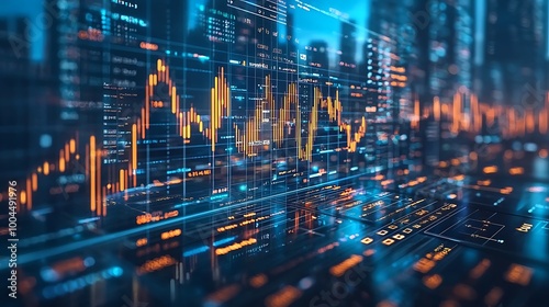 Stock market charts light up with financial data, highlighting cryptocurrency and technology investments.