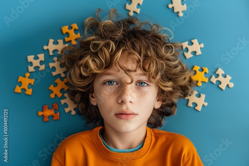 Young boy with curly hair lying on blue background surrounded by puzzle pieces, representing childhood creativity and cognitive development, suitable for educational content and playful themes photo