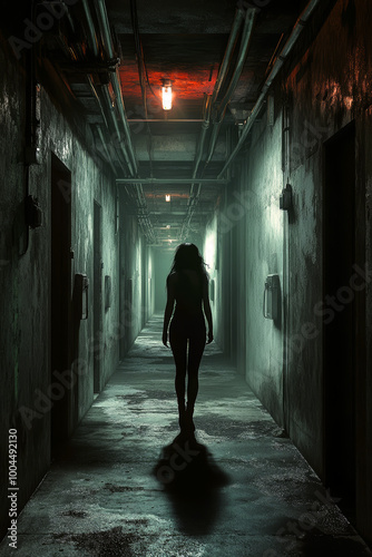 Creepy alleyway with a lone figure of a woman standing.