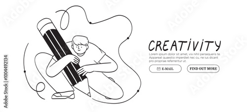Man is working on ui ux design project. Designer drawing sketch in vector program with big pencil. Character illustration for design online classes or seminar banner, ads, landing page, application.