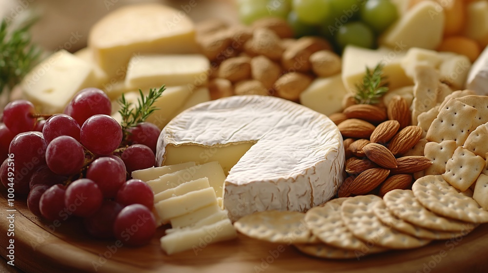 A wooden board with a variety of cheeses, grapes, almonds, and crackers. A wooden board with a variety of cheeses, grapes, almonds, and crackers.