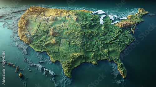 A 3D topographic map of the United States, with state borders outlined in black.