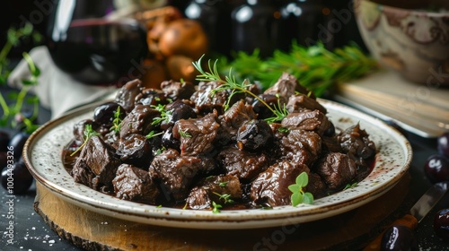 A traditional Croatian dish, Pasticada, beautifully presented on a ceramic plate. The succulent beef is stewed in wine and prunes, creating a rich and flavorful meal. photo