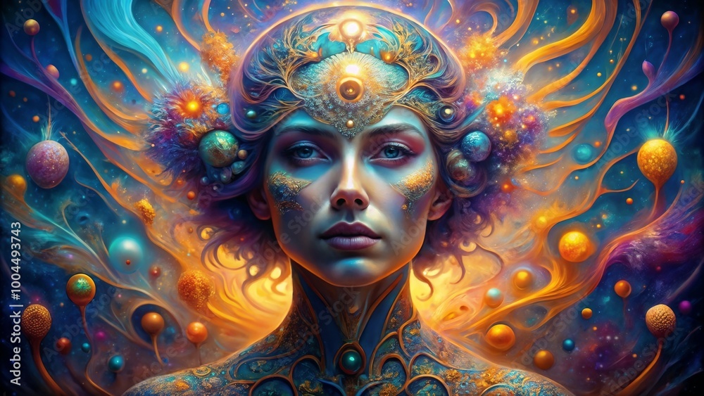 Cosmic woman with glowing celestial crown in vibrant nebula Cosmic woman with glowing celestial crown in vibrant nebula