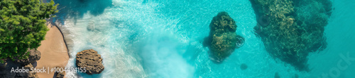Top view with turquoise ocean wave and tropical plants on the beach, summer background or banner 