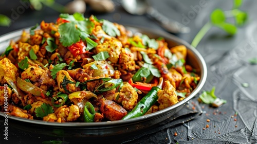 A tantalizing plate of traditional Sri Lankan kottu, featuring chopped roti stir-fried with a medley of fresh vegetables and succulent chicken pieces. A true delight for the senses.