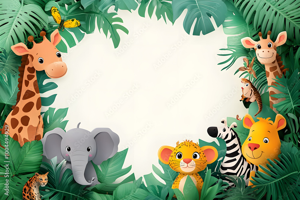 Fototapeta premium Cute cartoon safari animal frame border on background for kids.