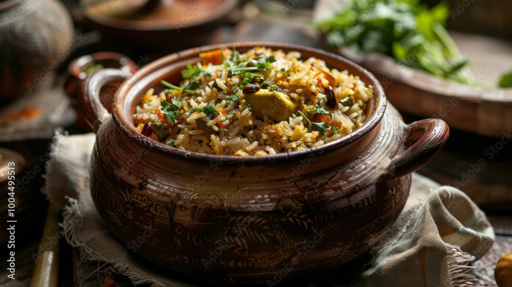 Authentic Bangladeshi panta bhat - a traditional dish of fermented rice served in a rustic clay pot, garnished with mustard oil and spices. Authentic Bangladeshi panta bhat - a traditional dish of fermented rice served in a rustic clay pot, garnished with mustard oil and spices.