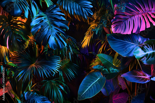 Tropical dark trend jungle in neon illuminated lighting. Exotic palms and plants in retro style.