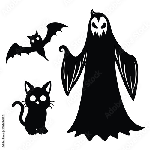 a black and white illustration of three Halloween-themed elements. On the left side, there is a silhouette of a ghost with a ghostly face and wings 