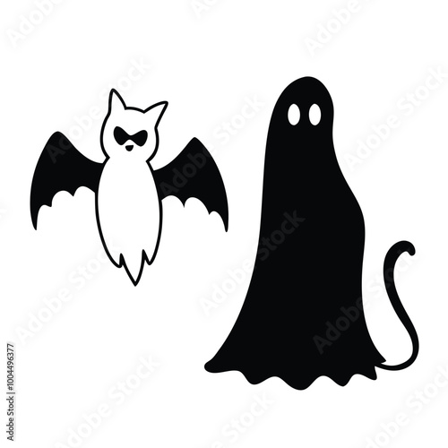 a black and white illustration of three Halloween-themed elements. On the left side, there is a silhouette of a ghost with a ghostly face and wings 