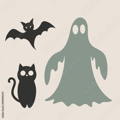 a black and white illustration of three Halloween-themed elements. On the left side, there is a silhouette of a ghost with a ghostly face and wings 